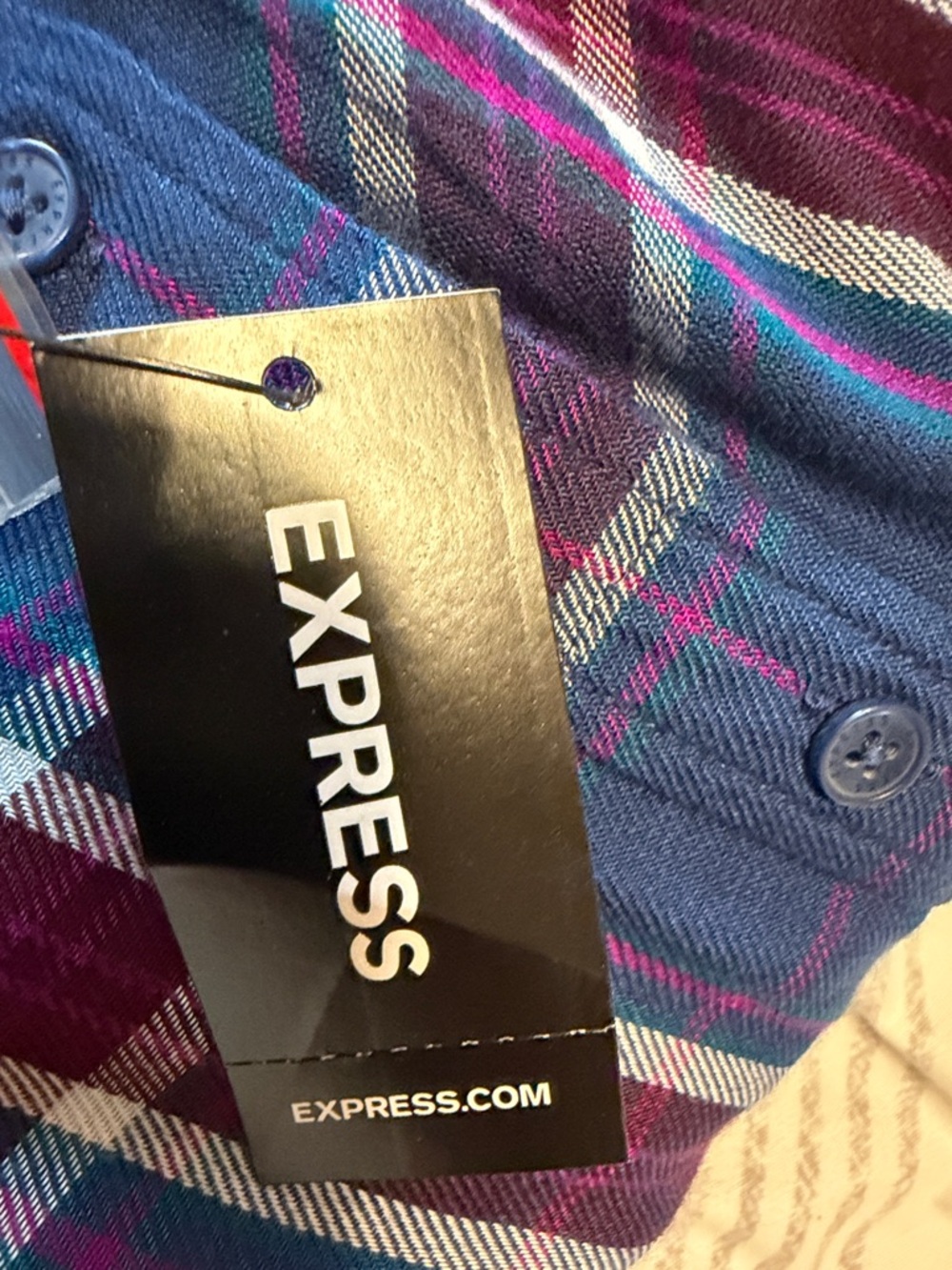 Express Navy, Burgundy & White Plaid Button-Up Shirt - Picture 8 of 9